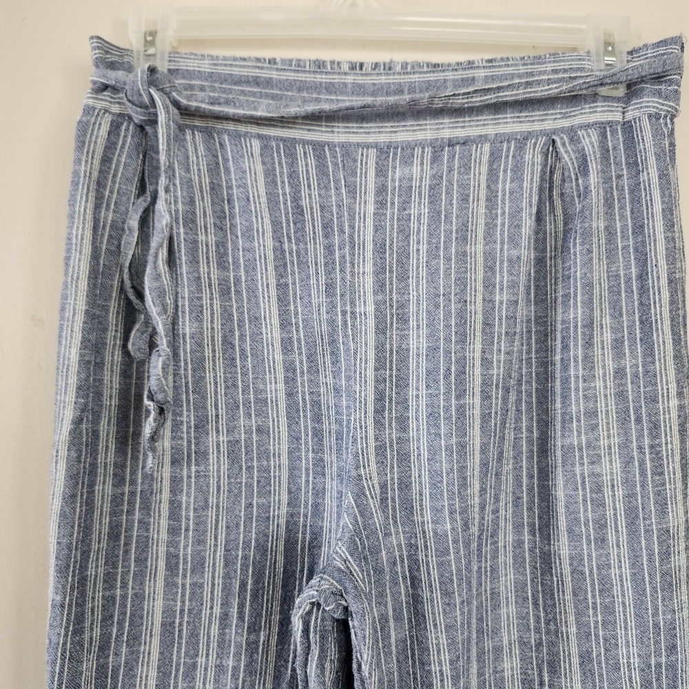 Deja Bleu Womens XL Striped Blue White Striped Linen Wide Leg Pants Belted Beach - Picture 2 of 4